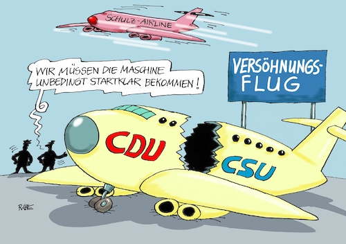 Cartoon: Versöhnungsflug (medium) by RABE tagged cdu,csu,schwesterparteien,parteiengipfel,merkel,seehofer,obergrenze,spd,schulz,bundestagswahlkampf,martin,rot,grün,rabe,ralf,böhme,cartoon,karikatur,pressezeichnung,farbcartoon,tagescartoon,flugplatz,flughafen,flugzeug,airline,unionsspitzen,versöhnungstreffen,wahlkampagne,cdu,csu,schwesterparteien,parteiengipfel,merkel,seehofer,obergrenze,spd,schulz,bundestagswahlkampf,martin,rot,grün,rabe,ralf,böhme,cartoon,karikatur,pressezeichnung,farbcartoon,tagescartoon,flugplatz,flughafen,flugzeug,airline,unionsspitzen,versöhnungstreffen,wahlkampagne