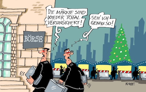 Cartoon: Verunsicherte Märkte (medium) by RABE tagged sperren,betonsperren,poller,absicherung,sicherheitskräfte,polizei,bewachung,anschläge,is,islamisten,terroristen,lkw,lieferwagen,rabe,ralf,böhme,cartoon,karikatur,pressezeichnung,farbcartoon,tagescartoon,weihnachten,börse,börsenmakler,verunsicherung,ängste,weihnachtmärkte,stände,glühwein,sperren,betonsperren,poller,absicherung,sicherheitskräfte,polizei,bewachung,anschläge,is,islamisten,terroristen,lkw,lieferwagen,rabe,ralf,böhme,cartoon,karikatur,pressezeichnung,farbcartoon,tagescartoon,weihnachten,börse,börsenmakler,verunsicherung,ängste,weihnachtmärkte,stände,glühwein