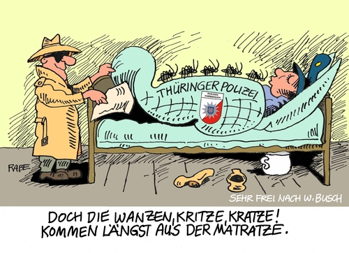 Cartoon: Verwanztes in Thüringen (medium) by RABE tagged wanzen,polizei,thüringen,geheimdienst,abhörskandal,lauschangriff,innenministerium,anwälte,rabe,ralf,böhme,cartoon,karikatur,pressezeichnung,farbcartoon,tagescartoon,wilhelm,busch,onkel,fritz,nsa,bnd,insekten,wanzen,polizei,thüringen,geheimdienst,abhörskandal,lauschangriff,innenministerium,anwälte,rabe,ralf,böhme,cartoon,karikatur,pressezeichnung,farbcartoon,tagescartoon,wilhelm,busch,onkel,fritz,nsa,bnd,insekten