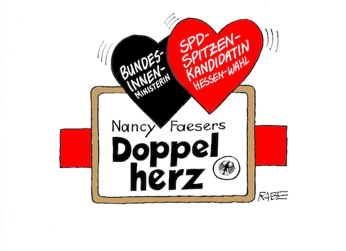 Cartoon: Vorhofflimmern (medium) by RABE tagged landtagswahl,hessen,nacy,faeser,bundesinnenministerin,spitzenkandidatin,spd,wahlkampf,doppelposten,olaf,scholz,rabe,ralf,böhme,cartoon,karikatur,pressezeichnung,farbcartoon,tagescartoon,doppel,doppelherz,arznei,herztonikum,heilmittel,landtagswahl,hessen,nacy,faeser,bundesinnenministerin,spitzenkandidatin,spd,wahlkampf,doppelposten,olaf,scholz,rabe,ralf,böhme,cartoon,karikatur,pressezeichnung,farbcartoon,tagescartoon,doppel,doppelherz,arznei,herztonikum,heilmittel