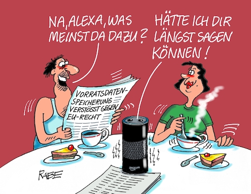 Cartoon: Vorratsdaten (medium) by RABE tagged vorratsdaten,vorratsdatenspeicherung,deutschland,speicherung,eugh,eu,recht,verstoß,fdp,justizminister,buschmann,rabe,ralf,böhme,cartoon,karikatur,pressezeichnung,farbcartoon,tagescartoon,ehepaar,frühstückstisch,zeitzung,schlagzeile,alexa,amazon,vorratsdaten,vorratsdatenspeicherung,deutschland,speicherung,eugh,eu,recht,verstoß,fdp,justizminister,buschmann,rabe,ralf,böhme,cartoon,karikatur,pressezeichnung,farbcartoon,tagescartoon,ehepaar,frühstückstisch,zeitzung,schlagzeile,alexa,amazon