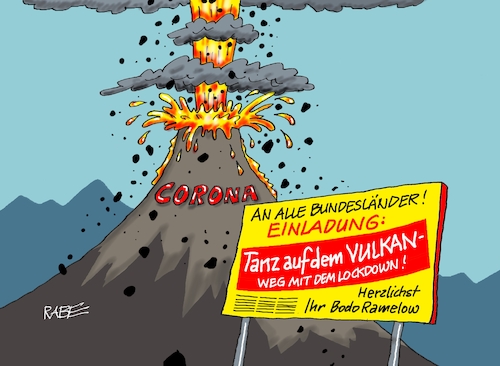 Cartoon: Vulkaneintänzer (medium) by RABE tagged virus,corona,pandemie,coronakrise,rabe,ralf,böhme,cartoon,karikatur,pressezeichnung,farbcartoon,tagescartoon,viren,virenschutz,mundschutz,desinfektion,föderal,föderalismus,ländersache,lockdown,abstandsregeln,lockerungen,bodo,ramelow,thüringen,vulkan,tanz,asche,lava,bundesländer,einladung,virus,corona,pandemie,coronakrise,rabe,ralf,böhme,cartoon,karikatur,pressezeichnung,farbcartoon,tagescartoon,viren,virenschutz,mundschutz,desinfektion,föderal,föderalismus,ländersache,lockdown,abstandsregeln,lockerungen,bodo,ramelow,thüringen,vulkan,tanz,asche,lava,bundesländer,einladung