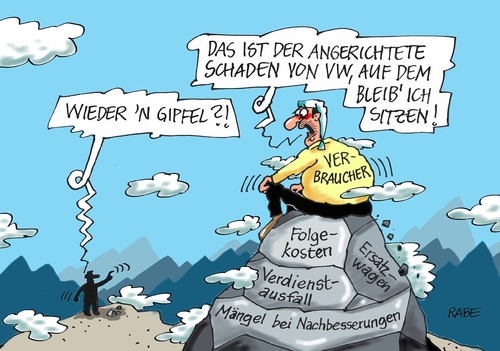 Cartoon: VW Gipfel (medium) by RABE tagged vw,volkswagen,skandal,abgasskandal,verbraucher,abgastest,software,rabe,ralf,böhme,cartoon,karikatur,pressezeichnung,farbcartoon,tagescartoon,kosten,usa,folgekosten,audi,porsche,schaden,schadensersatz,mängelbeseitigung,rückrufaktion,vw,volkswagen,skandal,abgasskandal,verbraucher,abgastest,software,rabe,ralf,böhme,cartoon,karikatur,pressezeichnung,farbcartoon,tagescartoon,kosten,usa,folgekosten,audi,porsche,schaden,schadensersatz,mängelbeseitigung,rückrufaktion