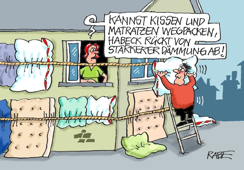 Cartoon: Wärmedämmung (medium) by RABE tagged ampelregierung,scholz,spd,grüne,fdp,lindner,kinder,kindergrundsicherung,rabe,ralf,böhme,cartoon,karikatur,pressezeichnung,farbcartoon,tagescartoon,hausmeister,ohren,zähne,besen,habeck,gebäudeenergieschutzgesetz,gebäude,gebäudeenergieschutz,gesetz,dämmung,dämmmaterial,kissen,matratzen,haus,mann,frau,leiter,abbau,rückbau,ampelregierung,scholz,spd,grüne,fdp,lindner,kinder,kindergrundsicherung,rabe,ralf,böhme,cartoon,karikatur,pressezeichnung,farbcartoon,tagescartoon,hausmeister,ohren,zähne,besen,habeck,gebäudeenergieschutzgesetz,gebäude,gebäudeenergieschutz,gesetz,dämmung,dämmmaterial,kissen,matratzen,haus,mann,frau,leiter,abbau,rückbau