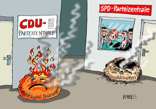 Cartoon: Wahldebakel Halloween (medium) by RABE tagged landtagswahlen,wahlergebnisse,sachsen,brandenburg,groko,spd,cdu,rabe,ralf,böhme,cartoon,karikatur,pressezeichnung,farbcartoon,tagescartoon,arzt,doktor,csu,afd,verluste,rechte,populismus,thüringen,erfurt,bodo,ramelow,mike,mohring,parteizentrale,wahldebakel,personaldebatten,führungsspitze,doppelspitze,duo,olaf,scholz,kürbis,kürbiskopf,halloween,brand,feuer,flammen,landtagswahlen,wahlergebnisse,sachsen,brandenburg,groko,spd,cdu,rabe,ralf,böhme,cartoon,karikatur,pressezeichnung,farbcartoon,tagescartoon,arzt,doktor,csu,afd,verluste,rechte,populismus,thüringen,erfurt,bodo,ramelow,mike,mohring,parteizentrale,wahldebakel,personaldebatten,führungsspitze,doppelspitze,duo,olaf,scholz,kürbis,kürbiskopf,halloween,brand,feuer,flammen