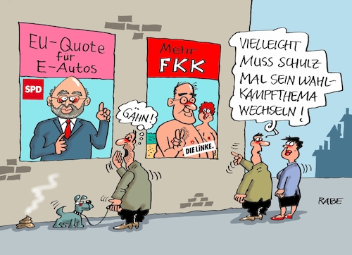 Cartoon: Wahlplakate (medium) by RABE tagged martin,schulz,spd,wahlkampf,bundestagswahl,beamte,rentenkasse,rabe,ralf,böhme,cartoon,karikatur,pressezeichnung,farbcartoon,tagescartoon,rentner,nahles,gleichberechtigung,umfragewerte,umfragetief,elektroautos,quote,eu,brüssel,gysi,linke,fkk,freikörperkultur,strand,textilfrei,wahlplakate,wahlwerbung,martin,schulz,spd,wahlkampf,bundestagswahl,beamte,rentenkasse,rabe,ralf,böhme,cartoon,karikatur,pressezeichnung,farbcartoon,tagescartoon,rentner,nahles,gleichberechtigung,umfragewerte,umfragetief,elektroautos,quote,eu,brüssel,gysi,linke,fkk,freikörperkultur,strand,textilfrei,wahlplakate,wahlwerbung