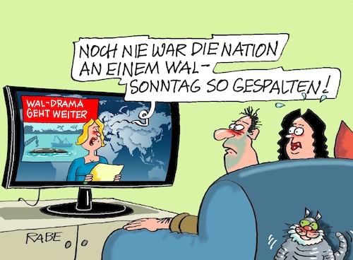 Cartoon: Walsonntag (medium) by RABE tagged merz,kanzler,koalition,union,spd,klingbeil,cartoon,karikatur,pressezeichnung,farbcartoon,tagescartoon,db,bahn,frühling,frühjahr,frühjahrsputz,ice,zug,blumenkasten,blumenkästen,wahl,wahlsonntag,wähler,wal,timmy,bergung,ostsee,tv,news,merz,kanzler,koalition,union,spd,klingbeil,cartoon,karikatur,pressezeichnung,farbcartoon,tagescartoon,db,bahn,frühling,frühjahr,frühjahrsputz,ice,zug,blumenkasten,blumenkästen,wahl,wahlsonntag,wähler,wal,timmy,bergung,ostsee,tv,news