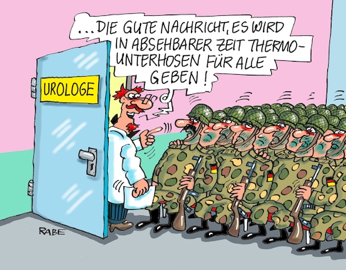 Cartoon: Warme Unterhosen (medium) by RABE tagged bundeswehr,ausrüstung,einstzbereitschaft,bundesverteidigungsministerin,von,der,leyen,uschi,nato,zelte,schutzwesten,rabe,ralf,böhme,cartoon,karikatur,pressezeichnung,farbcartoon,tagescrtoon,armee,soldaten,unterhosen,urologe,thermounterhosen,blasenkrankheiten,bundeswehr,ausrüstung,einstzbereitschaft,bundesverteidigungsministerin,von,der,leyen,uschi,nato,zelte,schutzwesten,rabe,ralf,böhme,cartoon,karikatur,pressezeichnung,farbcartoon,tagescrtoon,armee,soldaten,unterhosen,urologe,thermounterhosen,blasenkrankheiten