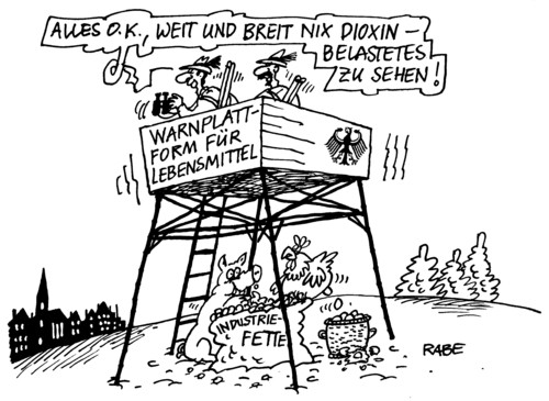 Cartoon: Warnplattform (medium) by RABE tagged landwirtschaft,massentierhaltung,legehennen,eier,hühner,schwein,hochsitz,jäger,schmiermittel,industriefette,nahrungsmittel,dioxinbelastung,euro,überwachung,verbraucherschutz,dioxinskandal,warnplattform,lebensmittel,lebensmittel,dioxinskandal,dioxin,massentierhaltung,verbraucherschutz