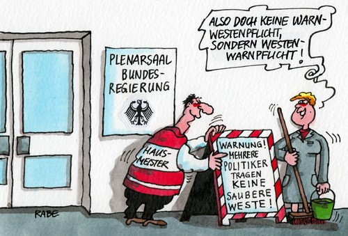 Cartoon: Warnwestenpflicht (medium) by RABE tagged pflicht,westenwarnpflicht,weste,warnwestenpflicht,warnwesten,kraftfahrer,bundesverkehrsminister,ramsauer,verkehrsminister,flensburg,konferenz,auto,autofahrer,rabe,ralf,böhme,cartoon,karikatur,wohnmobil,lastwagen,unfall,panne,umsetzungsvorschlag,bußgeld,warnwesten,warnwestenpflicht,weste,westenwarnpflicht,pflicht,ramsauer,bundesverkehrsminister,kraftfahrer,verkehrsminister,flensburg,konferenz,auto,autofahrer,rabe,ralf,böhme,cartoon,karikatur,wohnmobil,lastwagen,unfall,panne,umsetzungsvorschlag,bußgeld