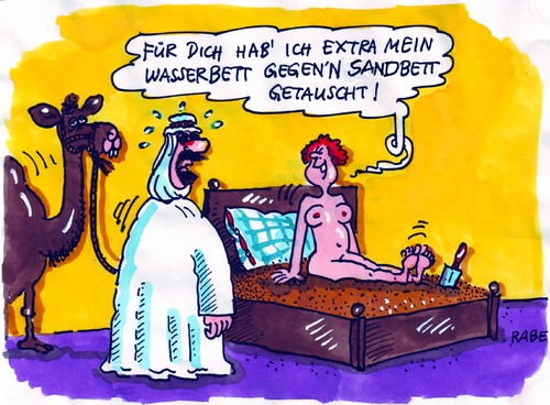 Cartoon: Wasserbett (medium) by RABE tagged bett,scheich,wüste,kamel,busen,frau,nackt,wasserbett,erotik,sand,bettgestell,beischlaf,wüstenschiff,sex,wüste,kamel,wasserbett,erotik,beischlaf,wüstenschiff,liebe