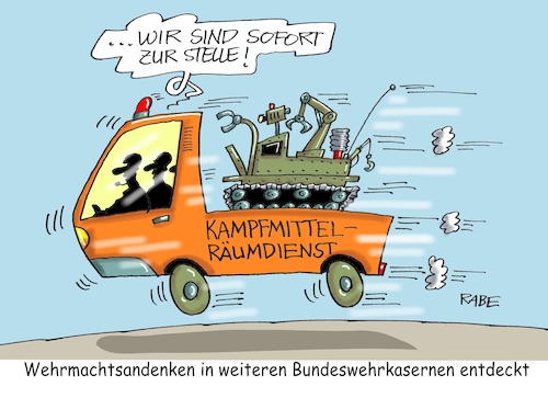 Cartoon: Wehrmachtsandenken (medium) by RABE tagged wehrmachtsandenken,bundeswehr,kasernen,bundesverteidigungsministerin,ursula,von,der,leyen,uschi,rechte,nazi,berufsoffizier,aufklärung,rabe,ralf,böhme,cartoon,karikatur,pressezeichnung,farbcartoon,tagescartoon,kampfmittel,kampfmittelräumdienst,munitionsbergung,roboter,wehrmachtsandenken,bundeswehr,kasernen,bundesverteidigungsministerin,ursula,von,der,leyen,uschi,rechte,nazi,berufsoffizier,aufklärung,rabe,ralf,böhme,cartoon,karikatur,pressezeichnung,farbcartoon,tagescartoon,kampfmittel,kampfmittelräumdienst,munitionsbergung,roboter