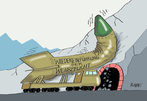 Cartoon: Wehrpflicht (medium) by RABE tagged bundeswehr,wehrpflicht,wiedereinführung,von,der,leyen,bundesverteidigungsministerin,rohrkrepierer,rabe,ralf,böhme,cartoon,karikatur,pressezeichnung,farbcartoon,tagescartoon,rakete,raketenwerfer,tunnel,unfall,bundeswehr,wehrpflicht,wiedereinführung,von,der,leyen,bundesverteidigungsministerin,rohrkrepierer,rabe,ralf,böhme,cartoon,karikatur,pressezeichnung,farbcartoon,tagescartoon,rakete,raketenwerfer,tunnel,unfall