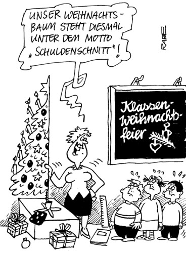 Cartoon: Weihnachtliches (medium) by RABE tagged schulden,schuldenschnitt,euro,krise,schuldenkrise,eurokrise,eu,brüssel,griechenland,athen,rettungspaket,finanzchefs,banken,rating,weihnachten,weihnachtsbaum,glaskugeln,weihnachtsbaumschmuck,geschenke,bescherung,weihnachtsmann,weihnachtsfeier,klassenweihnachtsfeier,klassenzimmer,schultafel,lehrer,schüler,feier,lebkuchen,weihnachtsbaumbeleuchtung,weihnachtsstern,tannenbaum,tannengrün,schulden,schuldenschnitt,euro,krise,schuldenkrise,eurokrise,brüssel,griechenland,athen,rettungspaket