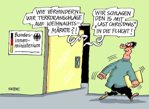 Cartoon: Weihnachtsmärkte (medium) by RABE tagged weihnachtsmärkte,sicherung,absicherung,innenministerium,terroranschlag,sprengstoffanschlag,is,islamisten,rabe,ralf,böhme,cartoon,karikatur,pressezeichnung,farbcartoon,tagescartoon,überwachung,spezialeinheit,weihnachtslieder,last,christmas,weihnachtsmärkte,sicherung,absicherung,innenministerium,terroranschlag,sprengstoffanschlag,is,islamisten,rabe,ralf,böhme,cartoon,karikatur,pressezeichnung,farbcartoon,tagescartoon,überwachung,spezialeinheit,weihnachtslieder,last,christmas