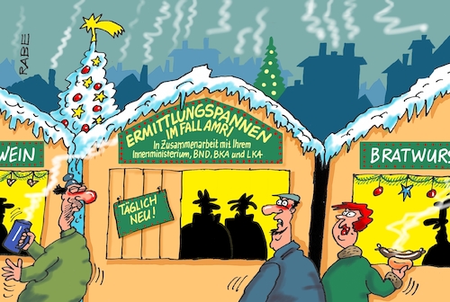 Cartoon: Weihnachtsmarkt Amri (medium) by RABE tagged weihnnachten,weihnachtsmarkt,glühwein,bratwurst,anschlag,lkw,terroranschlag,fall,amri,fehler,vertuschung,rabe,ralf,böhme,cartoon,karikatur,pressezeichnung,farbcartoon,tagescartoon,bka,lka,bnd,geheimdienste,innenministerium,überwachung,is,syrer,islamisten,weihnnachten,weihnachtsmarkt,glühwein,bratwurst,anschlag,lkw,terroranschlag,fall,amri,fehler,vertuschung,rabe,ralf,böhme,cartoon,karikatur,pressezeichnung,farbcartoon,tagescartoon,bka,lka,bnd,geheimdienste,innenministerium,überwachung,is,syrer,islamisten