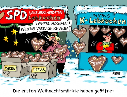 Cartoon: Weihnachtsmarktsaison (medium) by RABE tagged merkel,kanzlerin,kanzlerkandidatur,union,cdu,bundestagswahl,gabriel,spd,martin,schulz,sigmar,rabe,ralf,böhme,cartoon,karikatur,pressezeichnung,farbcartoon,tagescartoon,weihnachten,weihnachtsmarkt,verkaufsstand,lebkuchen,pfefferkuchen,merkel,kanzlerin,kanzlerkandidatur,union,cdu,bundestagswahl,gabriel,spd,martin,schulz,sigmar,rabe,ralf,böhme,cartoon,karikatur,pressezeichnung,farbcartoon,tagescartoon,weihnachten,weihnachtsmarkt,verkaufsstand,lebkuchen,pfefferkuchen