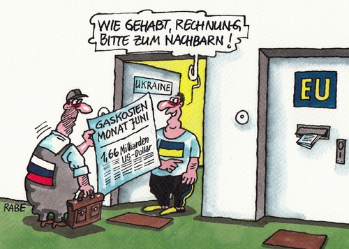 Cartoon: Wenn der Gasmann klingelt (medium) by RABE tagged gas,gazprom,schröder,russland,russen,ukraine,kiew,kreml,kremlchef,putin,ukrainekrise,gaslieferung,pipeline,gashahn,rabe,ralf,böhme,cartoon,karikatur,pressezeichnung,farbzeichnung,rechnung,rechnungsbetrag,dollar,milliarden,eu,hilfen,milliardenkredit,brüssel,steinmeier,aussenminister,verhandlungen,embargo,sanktionen,gas,gazprom,schröder,russland,russen,ukraine,kiew,kreml,kremlchef,putin,ukrainekrise,gaslieferung,pipeline,gashahn,rabe,ralf,böhme,cartoon,karikatur,pressezeichnung,farbzeichnung,rechnung,rechnungsbetrag,dollar,milliarden,eu,hilfen,milliardenkredit,brüssel,steinmeier,aussenminister,verhandlungen,embargo,sanktionen