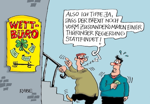 Cartoon: Wettbüro Thüringen (medium) by RABE tagged landtagswahlen,wahlergebnisse,sachsen,brandenburg,groko,spd,cdu,rabe,ralf,böhme,cartoon,karikatur,pressezeichnung,farbcartoon,tagescartoon,arzt,doktor,csu,afd,verluste,rechte,populismus,erfurt,thüringen,linke,bodo,ramelow,mike,mohring,regierungsbildung,mindeheitsregierung,wettbüro,brexit,austrittsdatum,boris,johnson,eu,brüssel,einigung,termin,landtagswahlen,wahlergebnisse,sachsen,brandenburg,groko,spd,cdu,rabe,ralf,böhme,cartoon,karikatur,pressezeichnung,farbcartoon,tagescartoon,arzt,doktor,csu,afd,verluste,rechte,populismus,erfurt,thüringen,linke,bodo,ramelow,mike,mohring,regierungsbildung,mindeheitsregierung,wettbüro,brexit,austrittsdatum,boris,johnson,eu,brüssel,einigung,termin