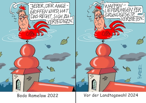 Cartoon: Wetterhahn (medium) by RABE tagged landtagswahl,thüringen,septemper,cdu,afd,mario,voigt,bernd,höcke,tv,duell,fernsehduell,rabe,ralf,böhme,cartoon,karikatur,pressezeichnung,farbcartoon,tagescartoon,bodo,ramelow,wetterhahn,waffenlieferung,ukraine,ukrainekrieg,stimmenfang,kirche,kirchturm,pazifist,wahlkampf,taurus,pistorius,landtagswahl,thüringen,septemper,cdu,afd,mario,voigt,bernd,höcke,tv,duell,fernsehduell,rabe,ralf,böhme,cartoon,karikatur,pressezeichnung,farbcartoon,tagescartoon,bodo,ramelow,wetterhahn,waffenlieferung,ukraine,ukrainekrieg,stimmenfang,kirche,kirchturm,pazifist,wahlkampf,taurus,pistorius