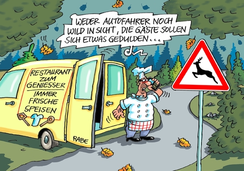 Cartoon: Wildwechsel (medium) by RABE tagged herbst,nebel,wild,wildwechsel,gefahr,unfall,auto,pkw,autofahrer,regen,rabe,ralf,böhme,cartoon,karikatur,pressezeichnung,farbcartoon,tagescartoon,koch,gastho,gaststätte,wildbret,hirsch,reh,hase,wildsau,herbst,nebel,wild,wildwechsel,gefahr,unfall,auto,pkw,autofahrer,regen,rabe,ralf,böhme,cartoon,karikatur,pressezeichnung,farbcartoon,tagescartoon,koch,gastho,gaststätte,wildbret,hirsch,reh,hase,wildsau