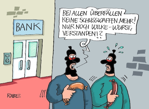 Cartoon: Wilke Wurts ist mir wurscht (medium) by RABE tagged wilke,wurst,skandal,bakterien,keime,vertuschung,durchfall,ikea,rabe,ralf,böhme,cartoon,karikatur,pressezeichnung,farbcartoon,tagescartoon,waffe,banküberfall,sparkasse,pistole,schusswaffen,gangster,lebensmittelkontrolle,wilke,wurst,skandal,bakterien,keime,vertuschung,durchfall,ikea,rabe,ralf,böhme,cartoon,karikatur,pressezeichnung,farbcartoon,tagescartoon,waffe,banküberfall,sparkasse,pistole,schusswaffen,gangster,lebensmittelkontrolle