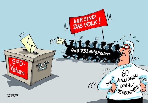 Cartoon: Wir sind das Volk (medium) by RABE tagged sonderparteitag,spd,martin,schulz,ja,groko,koalitionsverhandlungen,rabe,ralf,böhme,cartoon,karikatur,pressezeichnung,farbcartoon,tagescartoon,merkel,union,koalitionsgespräche,mitgliedervotum,abstimmung,wahlurne,nahles,scholz,basis,parteispitze,jusos,mitglieder,wahlberechtigte,urne,stimmzettel,neuwahlen,volk,ddr,bürgerbewegung,sonderparteitag,spd,martin,schulz,ja,groko,koalitionsverhandlungen,rabe,ralf,böhme,cartoon,karikatur,pressezeichnung,farbcartoon,tagescartoon,merkel,union,koalitionsgespräche,mitgliedervotum,abstimmung,wahlurne,nahles,scholz,basis,parteispitze,jusos,mitglieder,wahlberechtigte,urne,stimmzettel,neuwahlen,volk,ddr,bürgerbewegung