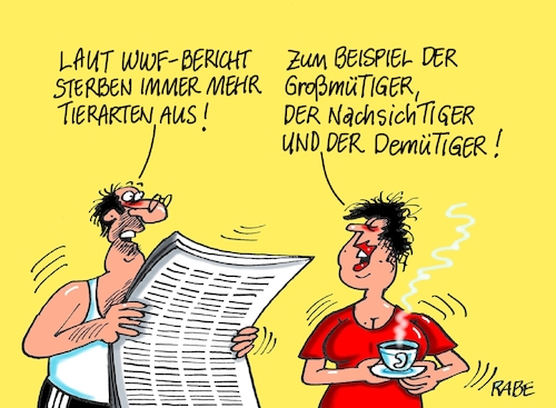 Cartoon: WWF Bericht (medium) by RABE tagged wwf,artenschutz,jahresbericht,bedrohung,tierarten,pflanzenarten,arten,world,wide,found,for,nature,rabe,ralf,böhme,cartoon,karikatur,pressezeichnung,farbcartoon,tagescartoon,tiger,demut,demütiger,tierschutz,pflanzenschutz,wwf,artenschutz,jahresbericht,bedrohung,tierarten,pflanzenarten,arten,world,wide,found,for,nature,rabe,ralf,böhme,cartoon,karikatur,pressezeichnung,farbcartoon,tagescartoon,tiger,demut,demütiger,tierschutz,pflanzenschutz