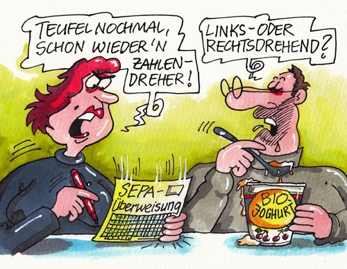 Cartoon: Zahlendreher (medium) by RABE tagged zahlen,zahlendreher,überweisungen,überweisungsträger,banken,sparkasse,volksbank,sepa,iban,swift,kontonummer,kontendaten,sepaüberweisung,geschäftsleute,privatkunden,bankkunden,homebanking,rabe,ralf,böhme,cartoon,karikatur,pressezeichnung,farbcartoon,tagescartoon,joghurt,biojoghurt,fruchtjoghurt,naturjoghurt,milchprodukte,rechts,links,rechtsdreher,rechtsdrehend,linksdreher,linksdrehend,zahlen,zahlendreher,überweisungen,überweisungsträger,banken,sparkasse,volksbank,sepa,iban,swift,kontonummer,kontendaten,sepaüberweisung,geschäftsleute,privatkunden,bankkunden,homebanking,rabe,ralf,böhme,cartoon,karikatur,pressezeichnung,farbcartoon,tagescartoon,joghurt,biojoghurt,fruchtjoghurt,naturjoghurt,milchprodukte,rechts,links,rechtsdreher,rechtsdrehend,linksdreher,linksdrehend