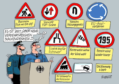 Cartoon: Zeichensetzung (medium) by RABE tagged verkehrszeichen,verkehrsschilder,polizei,verbotsschilder,gebotsschilder,kreisverkehr,engstelle,gegenverkehr,baustelle,rabe,ralf,böhme,cartoon,karikatur,pressezeichnung,farbcartoon,tagescartoon,flick,fussball,elf,grüne,fdp,lindner,habeck,heizungsgesetz,eu,asylverfahren,merz,andy,scheuer,volldampf,rezession,kipppunkt,stimmung,verkehrszeichen,verkehrsschilder,polizei,verbotsschilder,gebotsschilder,kreisverkehr,engstelle,gegenverkehr,baustelle,rabe,ralf,böhme,cartoon,karikatur,pressezeichnung,farbcartoon,tagescartoon,flick,fussball,elf,grüne,fdp,lindner,habeck,heizungsgesetz,eu,asylverfahren,merz,andy,scheuer,volldampf,rezession,kipppunkt,stimmung