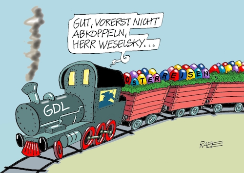 Cartoon: Zug um Zug (medium) by RABE tagged osstern,osterhase,ostereier,osterkorb,ostergras,osterhenne,rabe,ralf,böhme,cartoon,karikatur,pressezeichnung,farbcartoon,tagescartoon,ostern,gdl,lokfüher,streik,weselsky,gleise,schlichtung,einigung,osterreisen,reiseverkehr,züge,zug,osstern,osterhase,ostereier,osterkorb,ostergras,osterhenne,rabe,ralf,böhme,cartoon,karikatur,pressezeichnung,farbcartoon,tagescartoon,ostern,gdl,lokfüher,streik,weselsky,gleise,schlichtung,einigung,osterreisen,reiseverkehr,züge