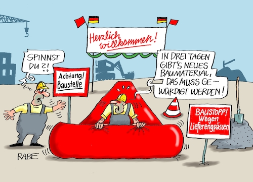 Cartoon: Zur Feier des Tages (medium) by RABE tagged baustelle,lieferengpässe,baumaterialien,rohstoffe,baustoffe,rabe,ralf,böhme,cartoon,karikatur,pressezeichnung,farbcartoon,tagescartoon,baustoffhandel,baustofflieferung,spinnennetz,kran,rohbau,transparent,teppich,baustelle,lieferengpässe,baumaterialien,rohstoffe,baustoffe,rabe,ralf,böhme,cartoon,karikatur,pressezeichnung,farbcartoon,tagescartoon,baustoffhandel,baustofflieferung,spinnennetz,kran,rohbau,transparent,teppich