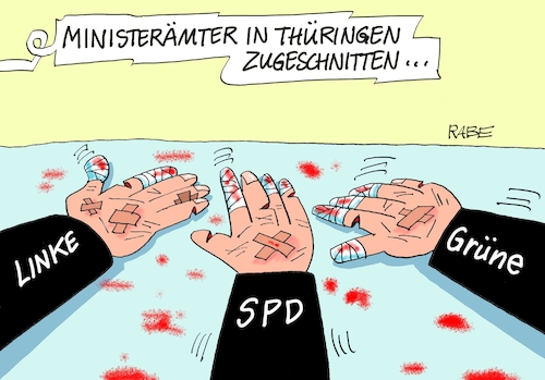 Cartoon: Zuschnitt (medium) by RABE tagged landtagswahlen,wahlergebnisse,sachsen,brandenburg,groko,spd,cdu,rabe,ralf,böhme,cartoon,karikatur,pressezeichnung,farbcartoon,tagescartoon,arzt,doktor,csu,afd,verluste,rechte,populismus,thüringen,erfurt,ramelow,mohring,höcke,althaus,minderheitsregierung,projegtregierung,ministerämter,ministerposten,ministerien,pflaster,blut,mullverband,einschnitte,schnittwunden,landtagswahlen,wahlergebnisse,sachsen,brandenburg,groko,spd,cdu,rabe,ralf,böhme,cartoon,karikatur,pressezeichnung,farbcartoon,tagescartoon,arzt,doktor,csu,afd,verluste,rechte,populismus,thüringen,erfurt,ramelow,mohring,höcke,althaus,minderheitsregierung,projegtregierung,ministerämter,ministerposten,ministerien,pflaster,blut,mullverband,einschnitte,schnittwunden