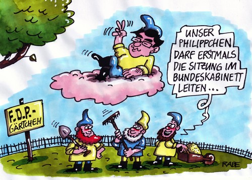 Cartoon: Zwergenhaftes (medium) by RABE tagged philipp,rößler,fdp,generalsekretär,parteivorsitz,urlaubsvertretung,ferien,urlaub,kanzlerin,merkel,cdu,bundesregierung,sommerpause,kabinett,minister,bundeskabinett,kabinettssitzung,leitung,chef,debatte,beschlüsse,fernreisen,fernreisebusse,fernbusse,landarzt,landärztemangel,garten,gärtchen,gartenparadies,westerwelle,außenminister,gartenzaun,wiese,wolke,wolkesieben,baum,rosarot,rosa,schwebezustand,aufgeblasen,zipfelmütze,harke,rechen,spaten,schubkarre,philipp rößler,generalsekretär,fdp,parteivorsitz,urlaubsvertretung,philipp,rößler