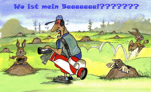 Cartoon: Erdlöcher grabende Tiere (medium) by ghilbig tagged maulwürfe,erdlöcher,hasen,platzregeln,golfplatz,golf