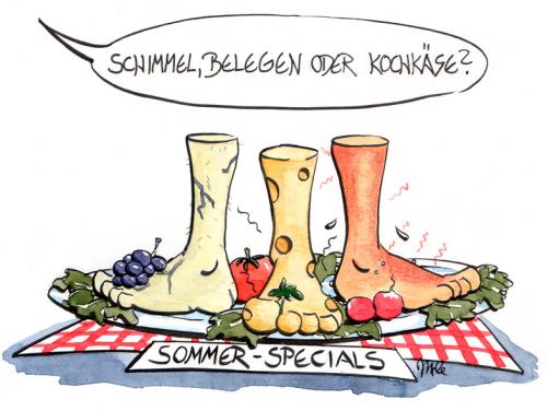 Cartoon: Käsefüsse (medium) by mele tagged sommer,käse,sommer,käse,schimmel,emmentaler,gouda,milch,nahrung,fuss,hautproblem,pilz,fusspilz,sporen,geruch,socke,hygiene,sauberkeit,nackt,frei