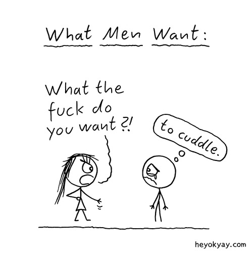 Cartoon: What Men Want (medium) by heyokyay tagged cuddle,cuddling,men,women,cute,stickfigure,stickfigures,heyokyay