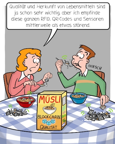 Cartoon: Blockchain Müsli (medium) by Cloud Science tagged blockchain,lieferkette,logistik,supply,chain,management,lebensmittel,qualität,frühstück,digitalisierung,digital,it,technik,tech,technologie,zukunft,disruption,waren,transport,rfid,qr,code,transponder,sensor,internet,vernetzung,iot,blockchain,lieferkette,logistik,supply,chain,management,lebensmittel,qualität,frühstück,digitalisierung,digital,it,technik,tech,technologie,zukunft,disruption,waren,transport,rfid,qr,code,transponder,sensor,internet,vernetzung,iot