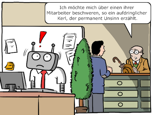 Cartoon: Chatbot (medium) by Cloud Science tagged chatbots,ki,ai,kuenstliche,intelligenz,buero,wirtschaft,business,beschwerde,service,routineaufgabe,kunde,kundenbeschwerde,iot,algorithmus,routine,digitalisierung,digitale,transformation,disruption,it,innovation,digital,technologie,programm,code,big,data,industrie,40,zukunft,entwicklung,kundenzufriedenheit,mitarbeiter,angestellter,dienstleistung,chat,chatten,roboter,bot,chatbots,ki,ai,kuenstliche,intelligenz,buero,wirtschaft,business,beschwerde,service,routineaufgabe,kunde,kundenbeschwerde,iot,algorithmus,routine,digitalisierung,digitale,transformation,disruption,it,innovation,digital,technologie,programm,code,big,data,industrie,40,zukunft,entwicklung,kundenzufriedenheit,mitarbeiter,angestellter,dienstleistung,chat,chatten,roboter,bot