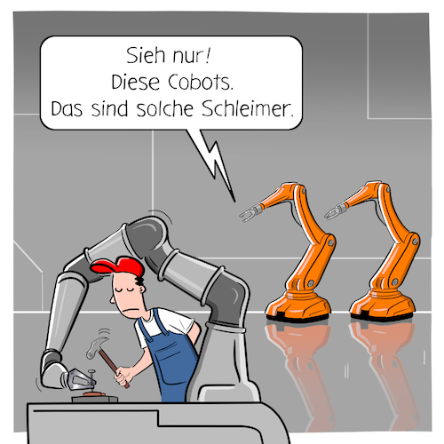 Cartoon: Cobots (medium) by Cloud Science tagged cobots,robots,roboter,cobot,robot,automation,automatisierung,fabrik,fertigung,industrie,industrie40,smart,ki,intelligenz,produktion,digitalisierung,digital,factory,iot,daten,roboterarm,kuka,it,technik,technologie,tech,zukunft,trend,wirtschaft,business,disruption,innovation,hm19,hannover,messe,vernetzung,mensch,maschine,kollaboration,zusammenarbeit,m2m,mmi,hci,interaktion,cobots,robots,roboter,cobot,robot,automation,automatisierung,fabrik,fertigung,industrie,industrie40,smart,ki,intelligenz,produktion,digitalisierung,digital,factory,iot,daten,roboterarm,kuka,it,technik,technologie,tech,zukunft,trend,wirtschaft,business,disruption,innovation,hm19,hannover,messe,vernetzung,mensch,maschine,kollaboration,zusammenarbeit,m2m,mmi,hci,interaktion