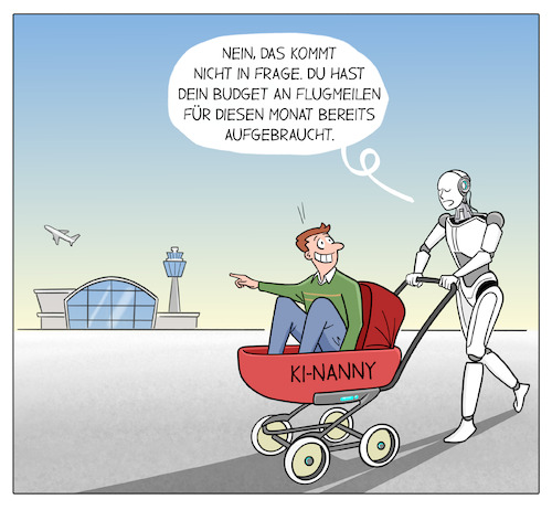 Cartoon: Die KI-Nanny (medium) by Cloud Science tagged ki,maschinenherrschaft,zukunft,roboter,algorithmen,technologie,klimaschutz,klima,fliegen,flugmeilen,naturschutz,künstliche,intelligenz,bevormundung,freiheit,ki,maschinenherrschaft,zukunft,roboter,algorithmen,technologie,klimaschutz,klima,fliegen,flugmeilen,naturschutz,künstliche,intelligenz,bevormundung,freiheit