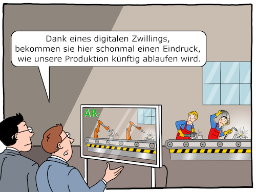 Cartoon: Digitaler Zwilling (medium) by Cloud Science tagged industrie,40,fabrik,maschine,digitaler,zwilling,digitalisierung,digital,technologie,technik,tech,ar,augmented,reality,fertigung,manager,iot,internet,der,dinge,of,things,smart,produktion,roboter,robotik,fliessband,herstellung,arbeiter,angestellte,schweisser,flex,flexen,simulation,vr,virtuelle,realitaet,virtuel,vorgesetzte,planung,it,computer,steuerung,logistik,bildschirm,daten,arbeistlosigkeit,entlassung,entlassen,fabrikarbeiter,anzugtraeger,wirtschaft,business,gesellschaft,werk,optimierung,disruption,innovation,zukunft,illustration,moeller,industrie,40,fabrik,maschine,digitaler,zwilling,digitalisierung,digital,technologie,technik,tech,ar,augmented,reality,fertigung,manager,iot,internet,der,dinge,of,things,smart,produktion,roboter,robotik,fliessband,herstellung,arbeiter,angestellte,schweisser,flex,flexen,simulation,vr,virtuelle,realitaet,virtuel,vorgesetzte,planung,it,computer,steuerung,logistik,bildschirm,daten,arbeistlosigkeit,entlassung,entlassen,fabrikarbeiter,anzugtraeger,wirtschaft,business,gesellschaft,werk,optimierung,disruption,innovation,zukunft,illustration,moeller