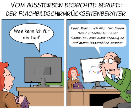 Cartoon: Flachbildschirmrückseitenberater (medium) by Cloud Science tagged arbeitswelt,jobs,arbeitswelt,jobs,flachbildschirmrueckseitenberater,digitalisierung,digital,arbeit,arbeitslosigkeit,service,dialog,kunde,beratung,berufswelt,dienstleistung,transformation,disruption,automatisierung