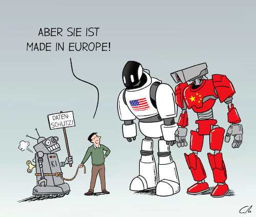 Cartoon: KI - Made in Europe (medium) by Cloud Science tagged ai,act,europe,europa,ki,künstliche,intelligenz,regulierung,datenschutz,globalisierung,wettbewerb,wettrennen,zukunft,tech,technologie,ai,act,europe,europa,ki,künstliche,intelligenz,regulierung,datenschutz,globalisierung,wettbewerb,wettrennen,zukunft,tech,technologie