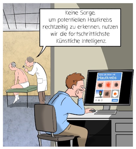 Cartoon: KI Bilderkennung (medium) by Cloud Science tagged ki,künstliche,intelligenz,maschine,learning,deep,bilderkennung,mustererkennung,hautkrebs,vorsorge,dermatologe,arzt,medizin,gesundheit,healthtech,health,tech,technik,technologie,digital,digitalisierung,zukunft,recaptcha,telemedizin,hautarzt,wissenschaft,forschung,maschinelles,lernen,ki,künstliche,intelligenz,maschine,learning,deep,bilderkennung,mustererkennung,hautkrebs,vorsorge,dermatologe,arzt,medizin,gesundheit,healthtech,health,tech,technik,technologie,digital,digitalisierung,zukunft,recaptcha,telemedizin,hautarzt,wissenschaft,forschung,maschinelles,lernen