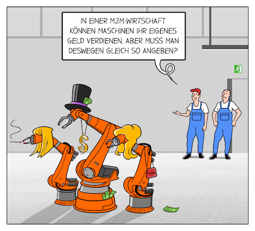 Cartoon: M2M-Wirtschaft (medium) by Cloud Science tagged industrie40,technologie,it,iiot,iot,internet,der,dinge,m2m,maschine,kuka,produktion,tech,digitalisierung,techik,innovation,blockchain,zukunft,smart,contract,automatisierung,factory,fabrik,fertigung,industrie40,technologie,it,iiot,iot,internet,der,dinge,m2m,maschine,kuka,produktion,tech,digitalisierung,techik,innovation,blockchain,zukunft,smart,contract,automatisierung,factory,fabrik,fertigung