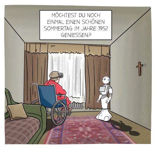 Cartoon: Pflege der Zukunft (medium) by Cloud Science tagged pflegeroboter,vr,pflege,roboter,immersion,alten,altenpflege,pepper,technologie,technik,it,digitalisierung,zukunft,innovation,digital,gesundheit,gesundheitswesen,pflegenotstand,pflegekraft,alt,krank,gesundheitssystem,krankenpfleger,pflegepersonal,einsamkeit,isolation,vereinsamung,politik,pflegeroboter,vr,pflege,roboter,immersion,alten,altenpflege,pepper,technologie,technik,it,digitalisierung,zukunft,innovation,digital,gesundheit,gesundheitswesen,pflegenotstand,pflegekraft,alt,krank,gesundheitssystem,krankenpfleger,pflegepersonal,einsamkeit,isolation,vereinsamung,politik