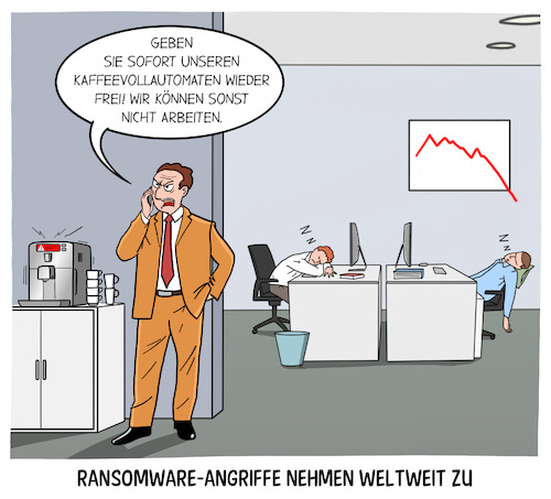 Cartoon: Ransomware-Angriff (medium) by Cloud Science tagged ransomware,it,sicherheit,itsecurity,itsicherheit,virus,computervirus,cybercrime,viren,trojaner,schadsoftware,entführung,hacker,datenschutz,datensicherheit,firewall,kaffee,büro,kaffeemaschine,sicherheitslücke,ransomware,it,sicherheit,itsecurity,itsicherheit,virus,computervirus,cybercrime,viren,trojaner,schadsoftware,entführung,hacker,datenschutz,datensicherheit,firewall,kaffee,büro,kaffeemaschine,sicherheitslücke