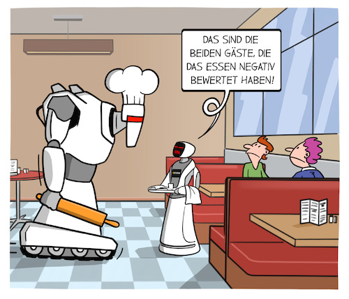 Cartoon: Roboter Gastronomie (medium) by Cloud Science tagged roboter,kellner,robokellner,robotik,automatisierung,koch,restaurant,küche,essen,gäste,bewertung,technologie,tech,zukunft,robokoch,roboter,kellner,robokellner,robotik,automatisierung,koch,restaurant,küche,essen,gäste,bewertung,technologie,tech,zukunft,robokoch