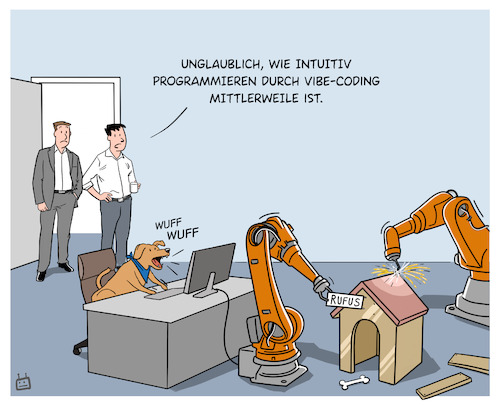 Cartoon: Vibe-Coding (medium) by Cloud Science tagged vibecoding,ki,künstliche,intelligenz,ai,softwareentwicklung,programmieren,entwickler,it,tech,cto,management,firmenhund,roboter,zukunft,satire,cartoon,humor,itsecurity,architektur,innovation,technik,technologie,software,vibecoding,ki,künstliche,intelligenz,ai,softwareentwicklung,programmieren,entwickler,it,tech,cto,management,firmenhund,roboter,zukunft,satire,cartoon,humor,itsecurity,architektur,innovation,technik,technologie,software